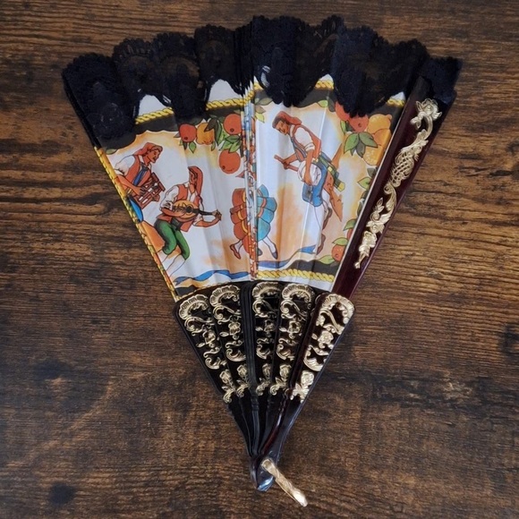 1980s/90s "La Tarantella" The Dance Fabric Lace Fan - Picture 8 of 10